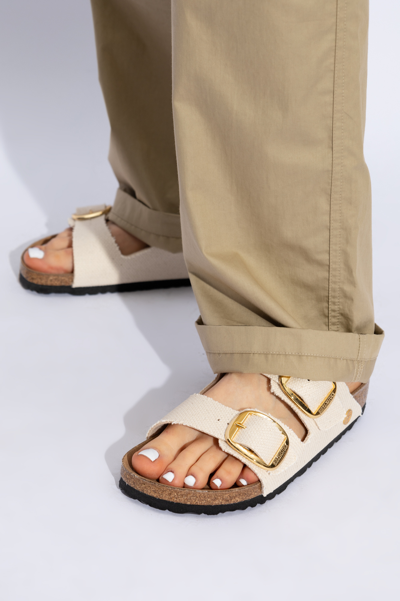 Cream Vegan 'Arizona Big Buckle Rivet Logo' Slides